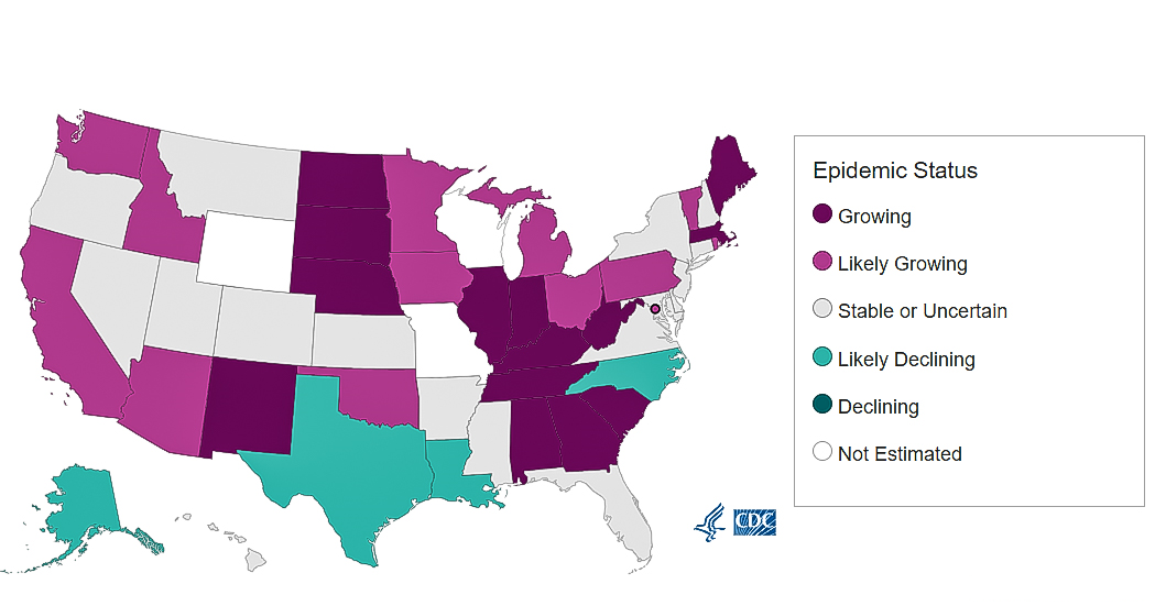 rt-estimates-thumbnail-rvrlanding Map of the United States showing each state colored by its epidemic growth status category.