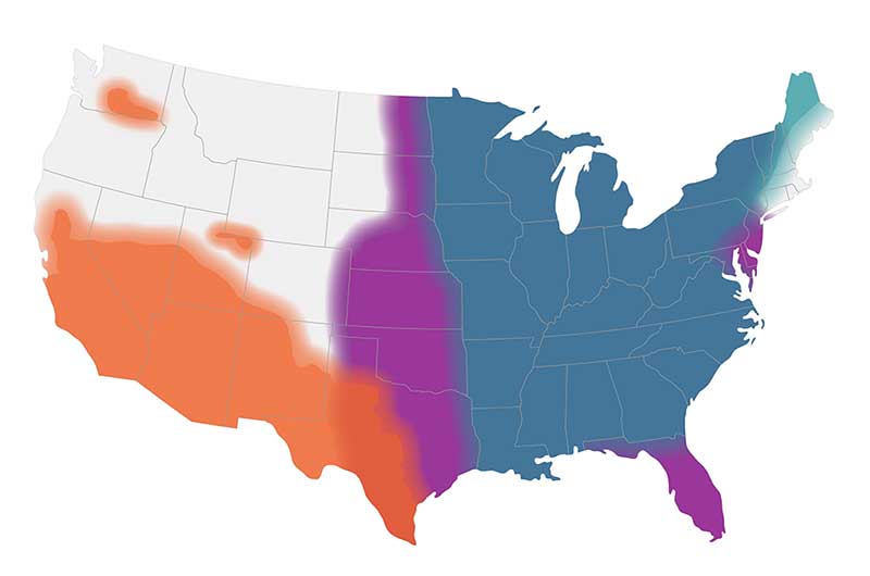 US map showing where the fungi that cause blastomycosis, coccidioidomycosis (Valley fever), and histoplasmosis live