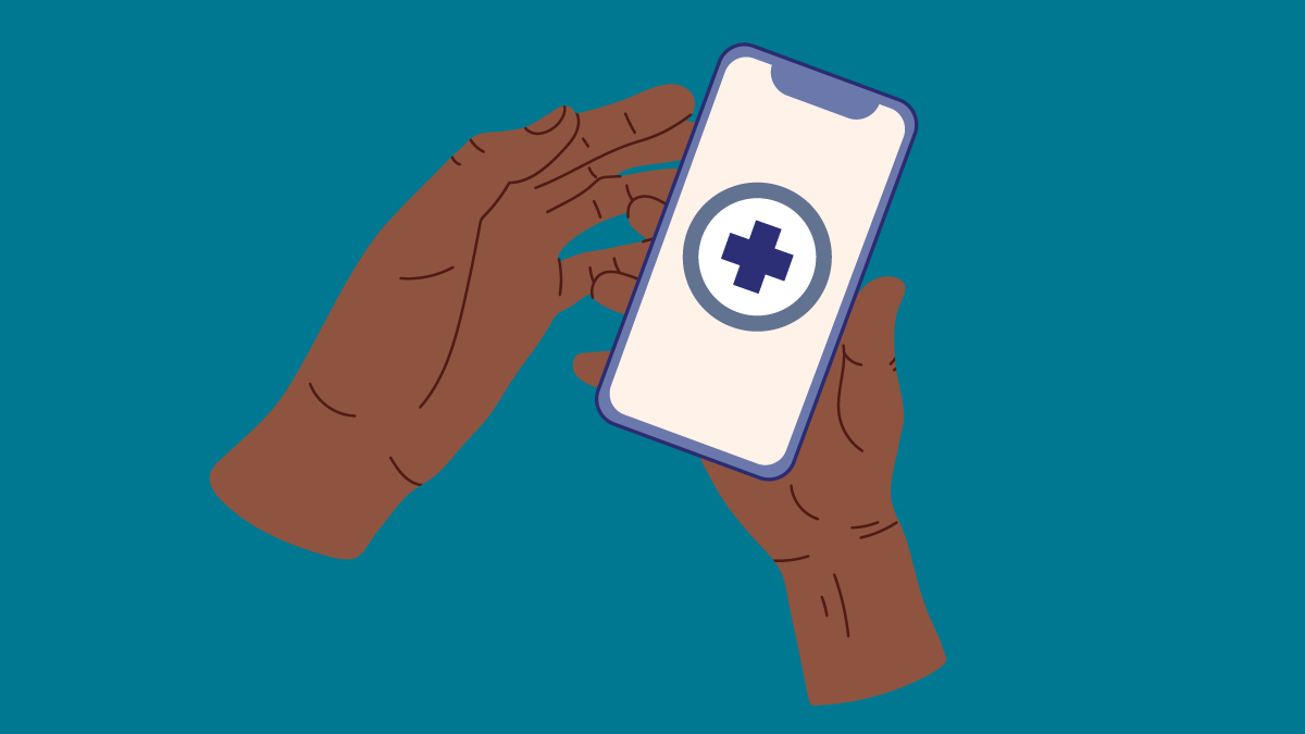 Cartoon Depiction of Resource App Cartoon depiction of a mobile medical resource appearing on a phone held by two hands