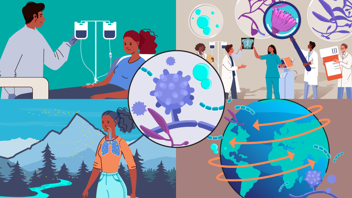 . composite of 4 separate illustrations in squares with a circle in the center with microscopic fungi. The first square in the upper left is a patient in the hospital on IVs and a doctor, the second image in the top right is a collection of healthcare providers and scientists looking at microscopic fungi, holding medications, and examining patients. The bottom left shows a girl breathing in fungal spores in an outdoor environment. The bottom right shows the globe with fungal spores around it and arrows showing movement across the globe.