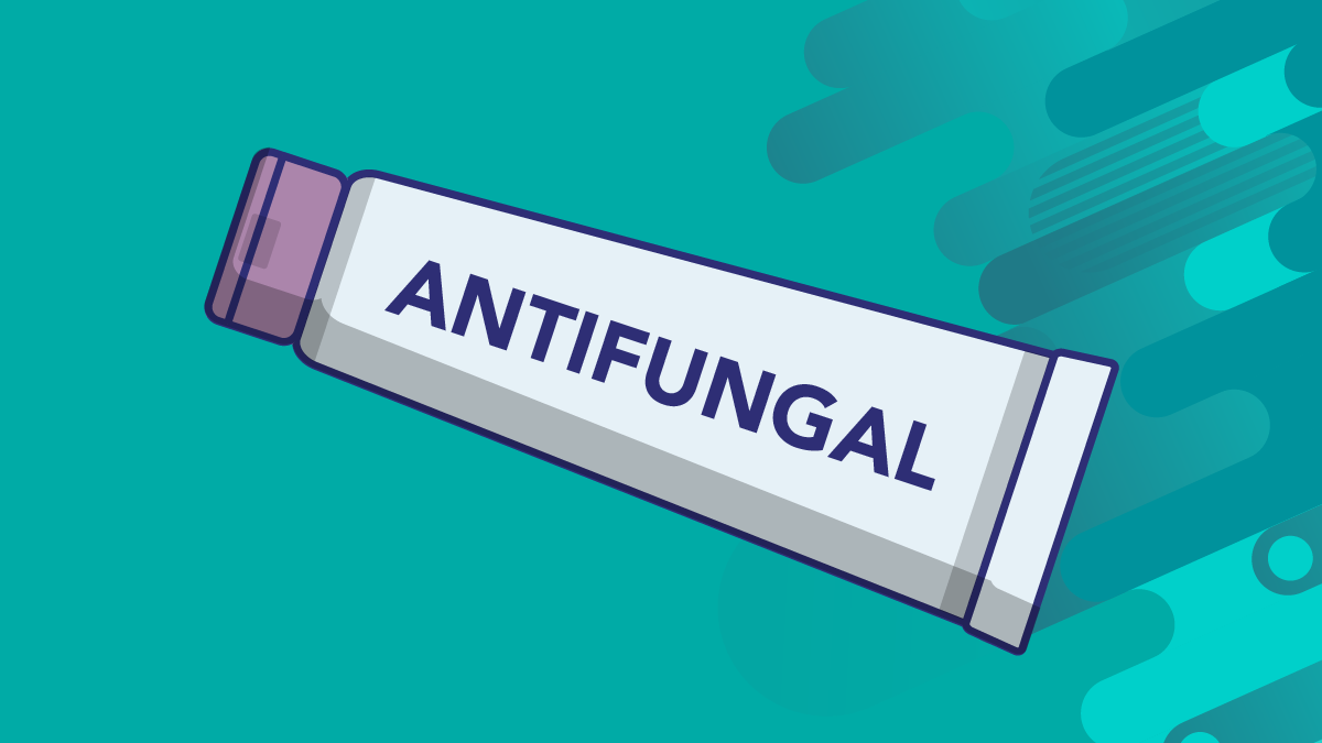 Ringworm treatment - Cartoon Depiction Cartoon depiction of a white tube labelled as "antifungal" against a blue background