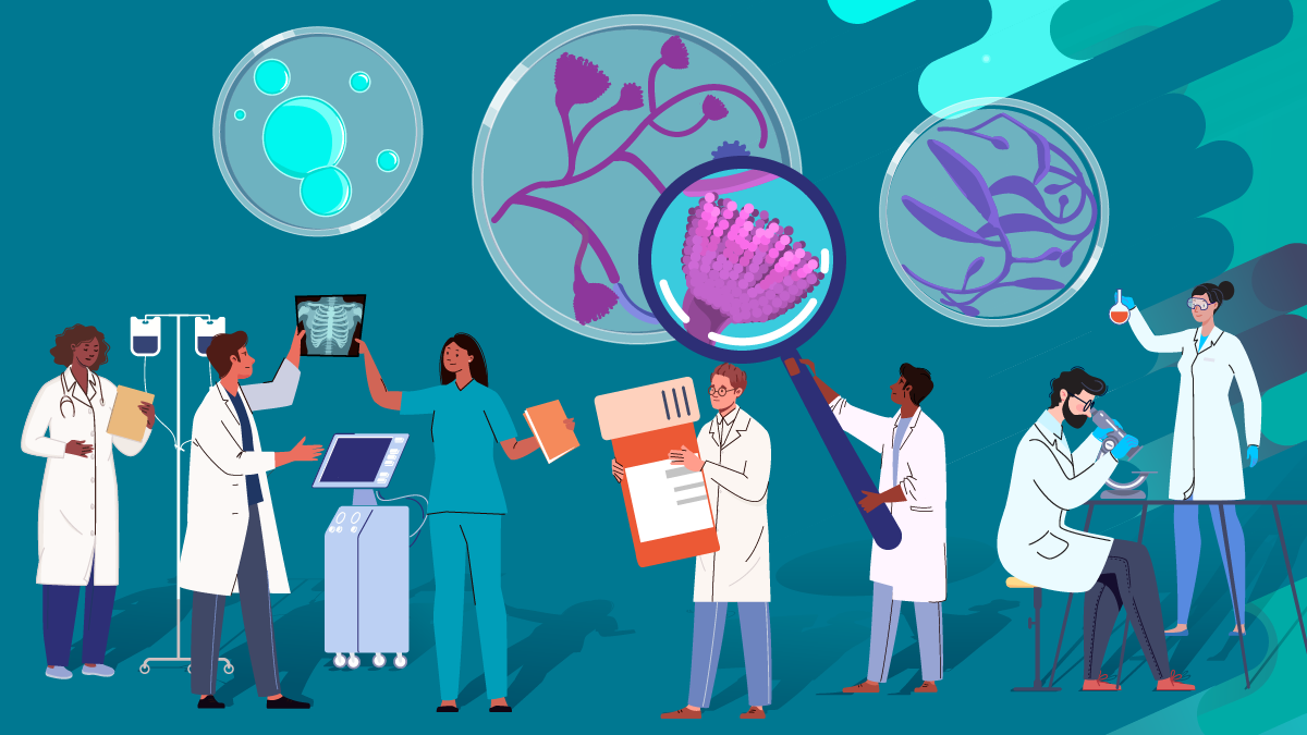 Healthcare providers and Scientists A graphic illustration of doctors and laboratory professionals with medical and laboratory equipment and treatments surrounded by magnified illustrations of fungal pathogens.