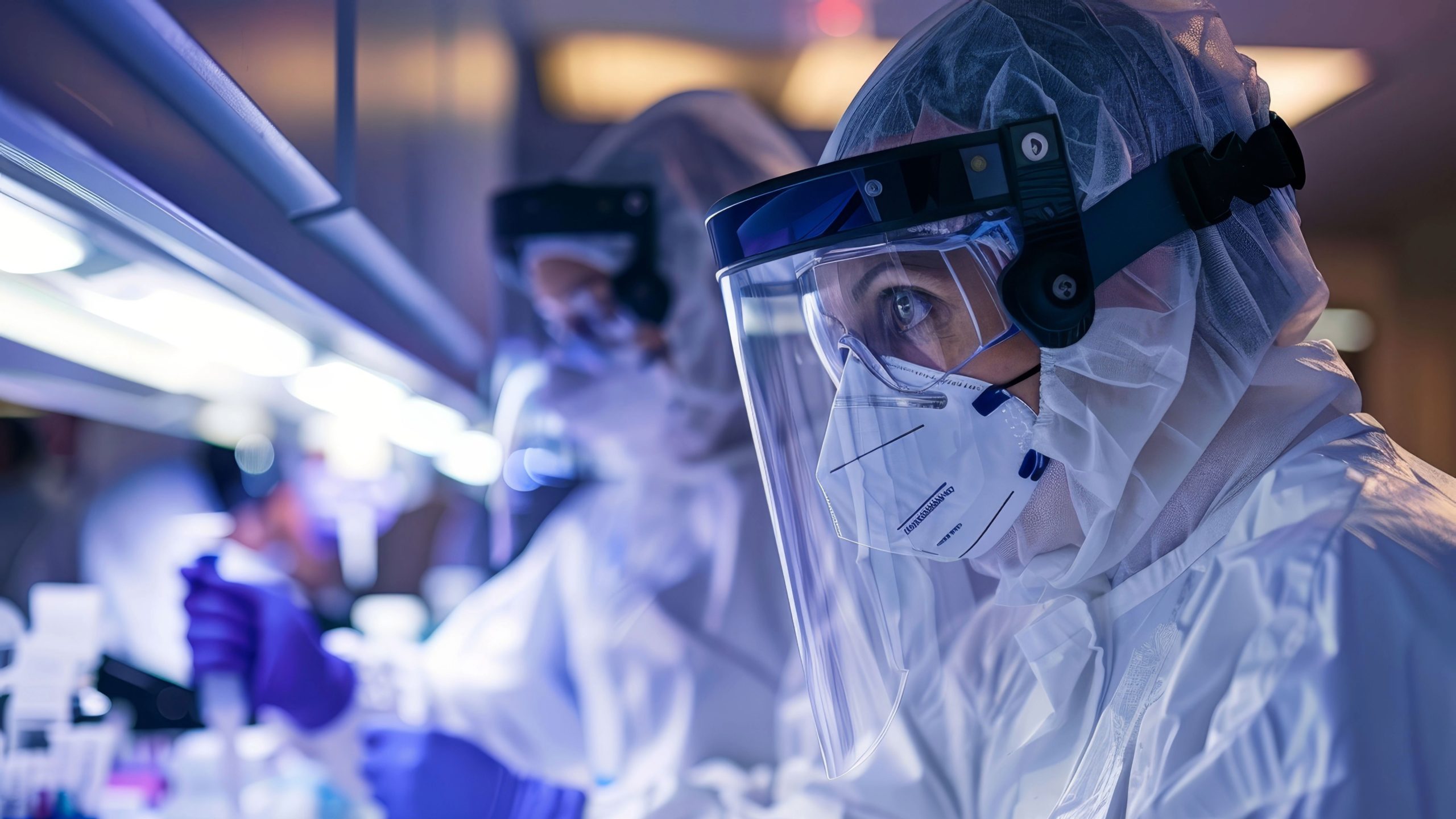 NPHI-second Epidemiologists working in a lab in heavy PPE