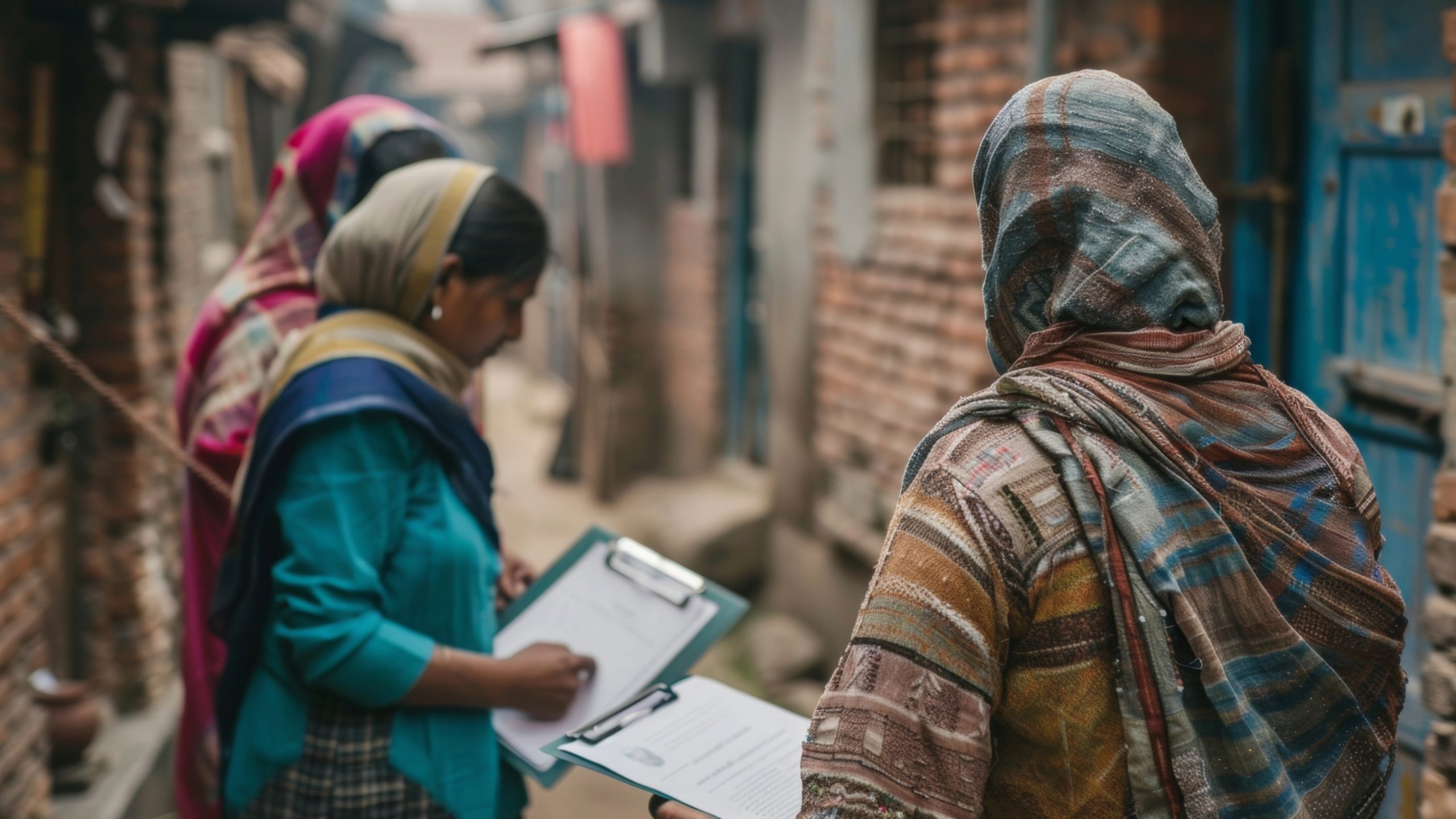 Survelliance-core 4 list-second epidemiologists conducting a field investigation in a remote village, walking through narrow alleyways holding notepads