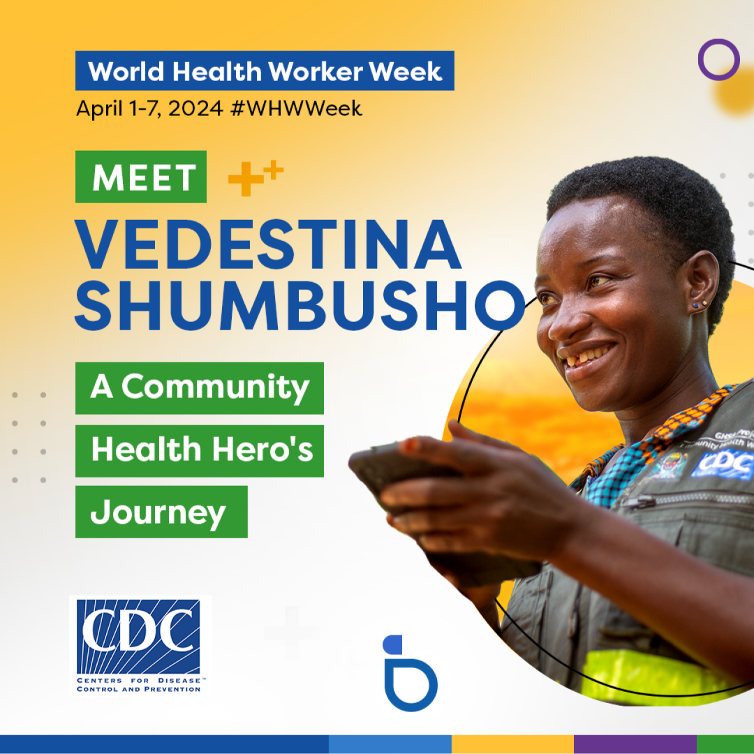 Social Media-8 -WHWW_Tanzania A woman smiling holding a tablet surrounded by a colorful graphic. “World Health Worker Week, April 1-7, 2024 #WHWeek, Meet Vedestina Shumbusho, A community Health Hero’s Journey.”