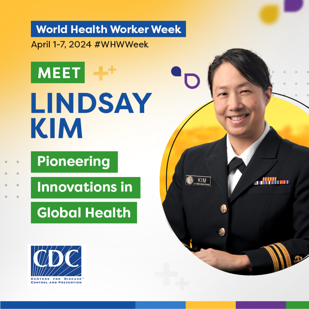Social Media-9 -WHWW_Vietnam A woman with a black suit surrounded by a colorful graphic. “World Health Worker Week, April 1-7, 2024 #WHWeek, Meet Lindsay Kim, Pioneering Innovations in Global Health.