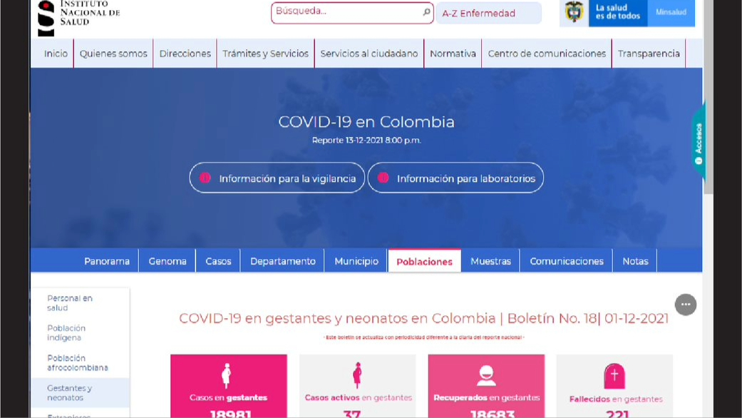 Colombia-increases-surveillance-2 screenshot of INS bulletin on pregnant women and newborns with COVID-19 in Colombia