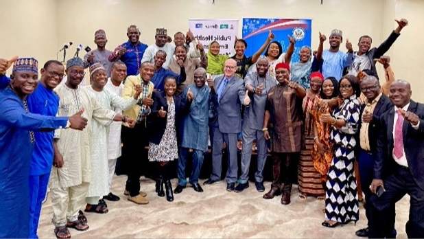 Dr-Saleh-Nigeria-2 Dr. Saleh celebrates with the U.S. Consul General, CDC Nigeria Country Director, and graduates of the second cohort of the PHEM Intermediate Certification Training Program
