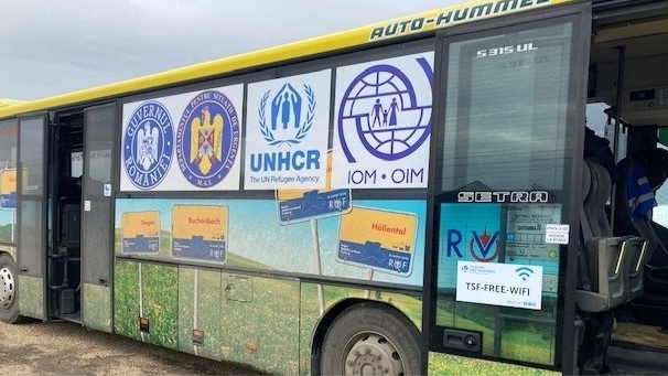Ukraine-humanitarian-1 A bus transporting displaced Ukrainians from the Moldova-Ukraine border to Romania