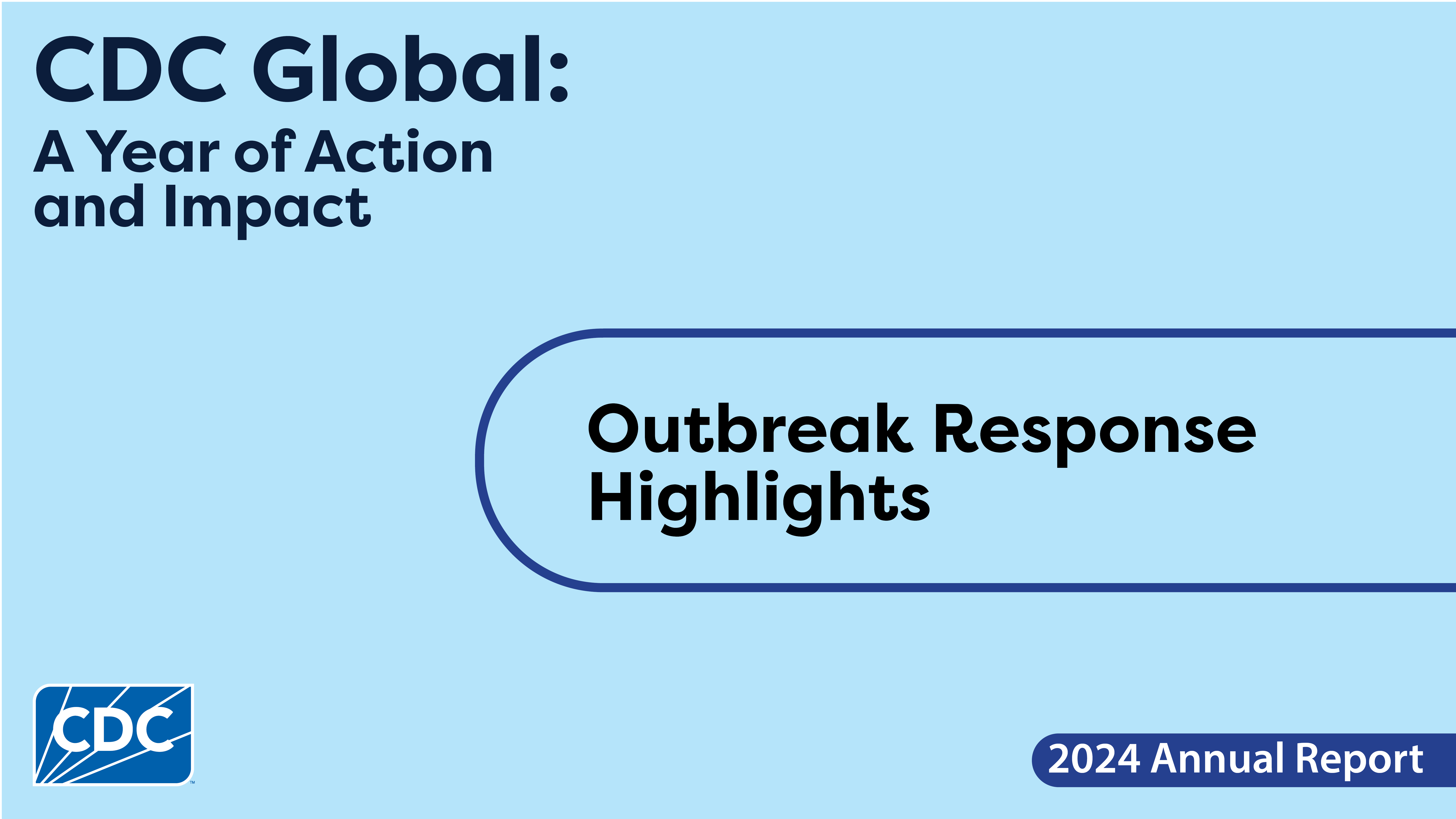 Graphic image featuring a light blue background and text overlay. In the top left corner is the report title, 'CDC Global: A Year of Action and Impact.' The main title in the center of the image reads 'Outbreak Response Highlights.' The CDC logo appears in the bottom left corner.