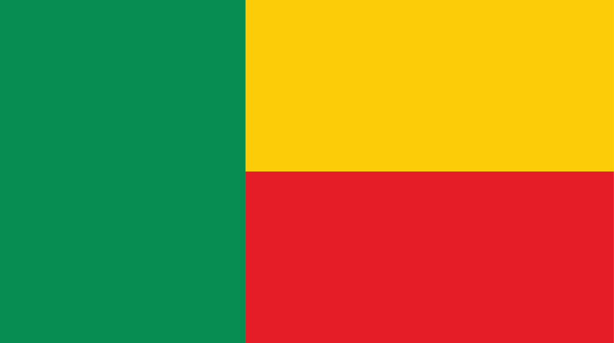 Flag of Benin with 2 horizontal lines one yellow at the top and a red one below it with a green line on the left handside.
