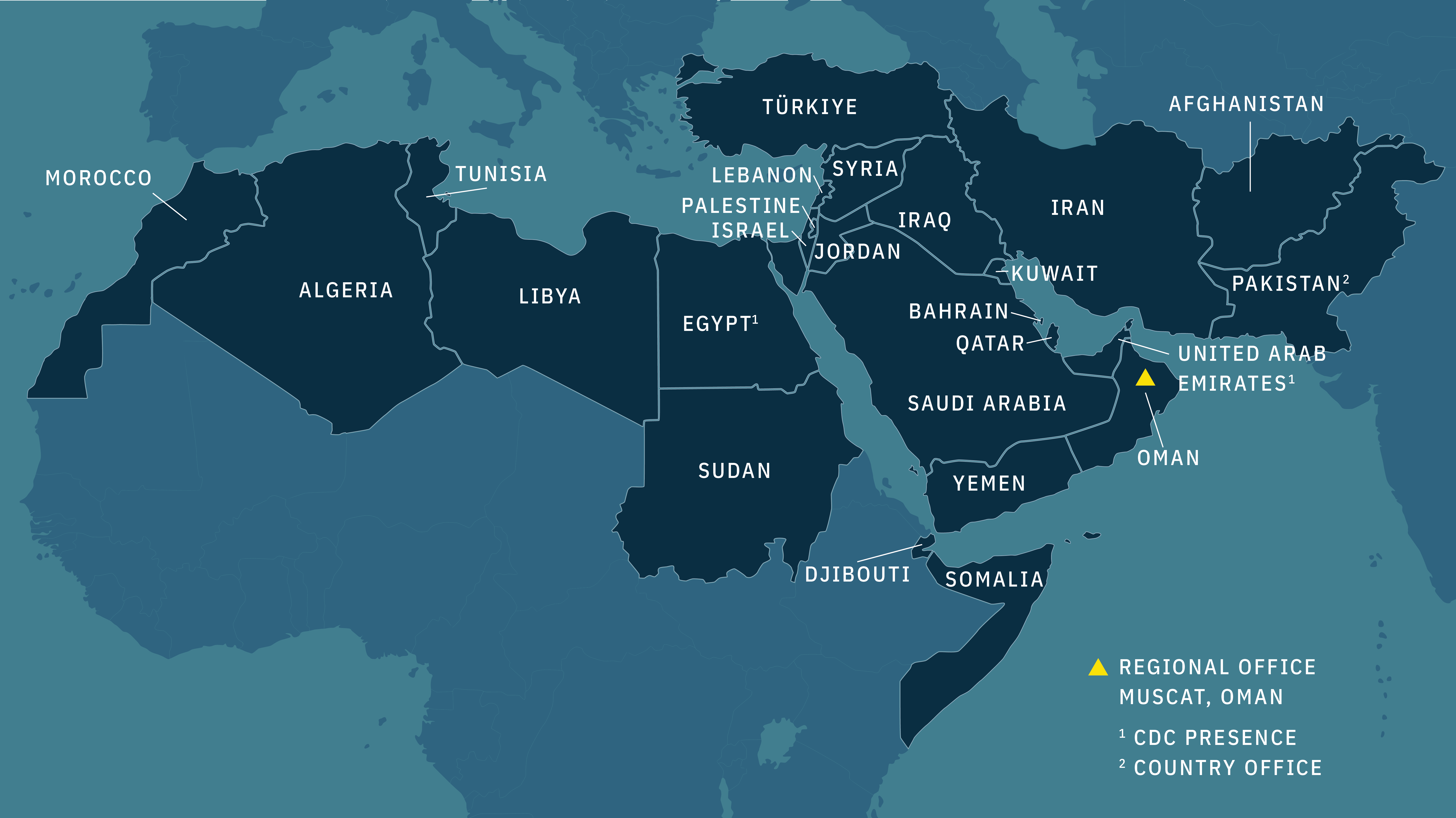 Map of countries covered in the MENA regional office: Afghanistan, Algeria, Bahrain, Djibouti, Egypt, Iran, Iraq, Israel, Jordan, Kuwait, Lebanon, Libya, Morocco, Oman, Pakistan, Palestine, Qatar, Saudi Arabia, Somalia, South Sudan, Syria, Tunisia, Türkiye, United Arab Emirates, Yemen
