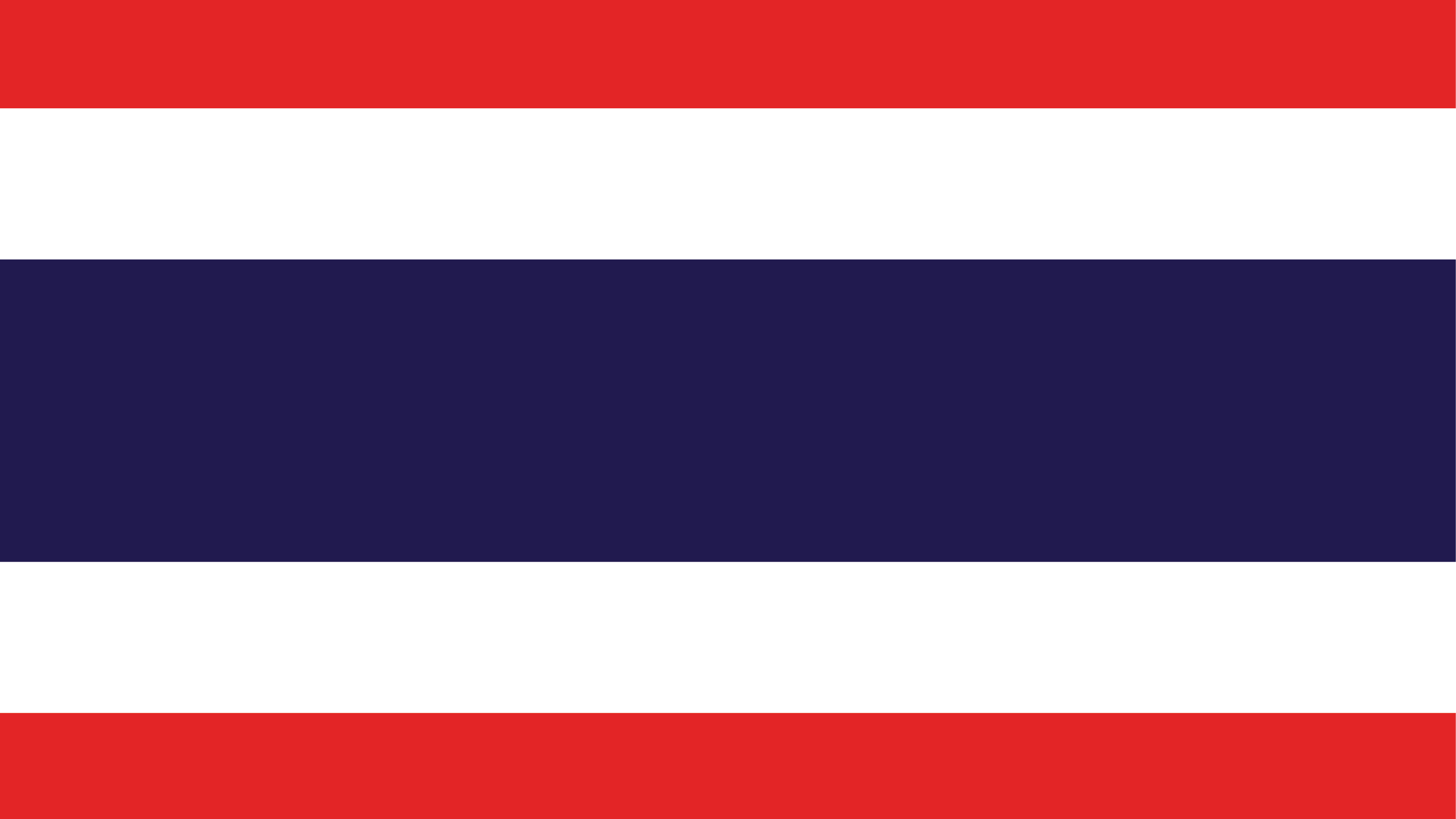 Flag of Thailand. Five horizontal bands in order from top to bottom (red, white, blue, white, red).
