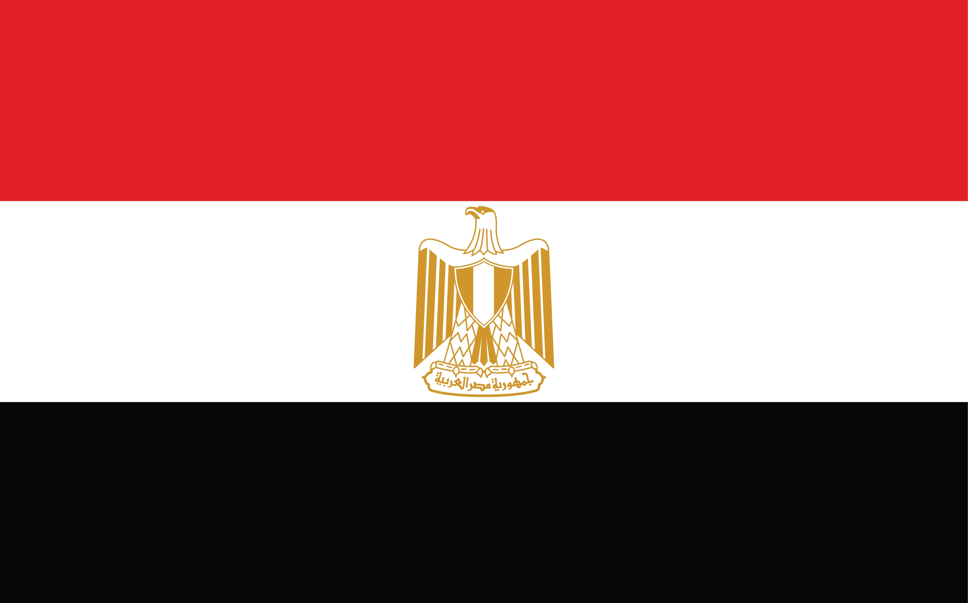 Three horizontal stripes in red, white, and black, with a golden eagle centralized in the middle white stripe.