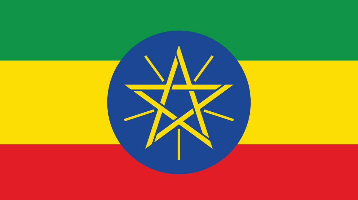 Ethiopia flag, green strip at the top, yellow strip in the middle, red strip at the bottom, blue circle in the the middle with a yellow star