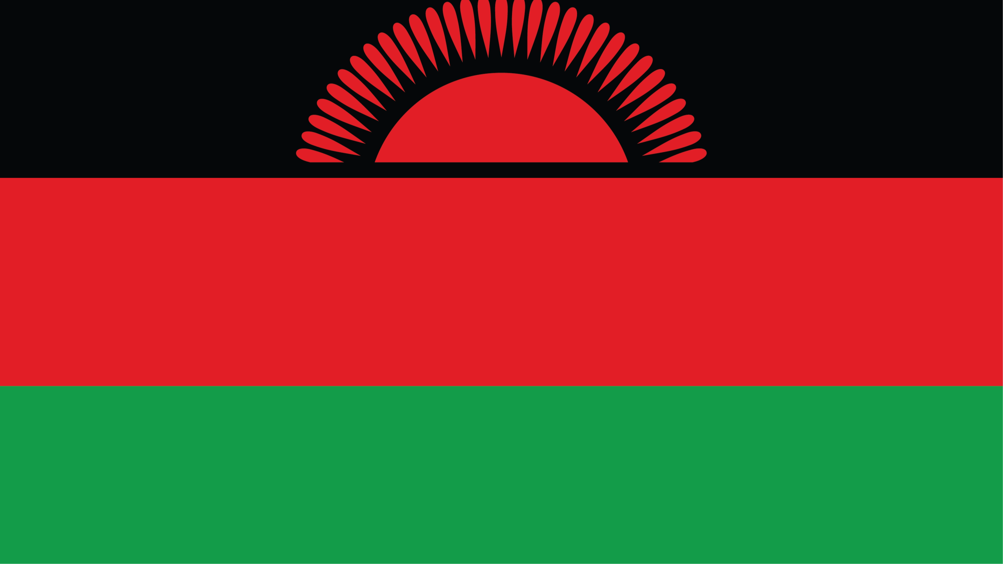 Three equal horizontal bands of black (top), red, and green with a radiant, rising, red sun centered on the black band.