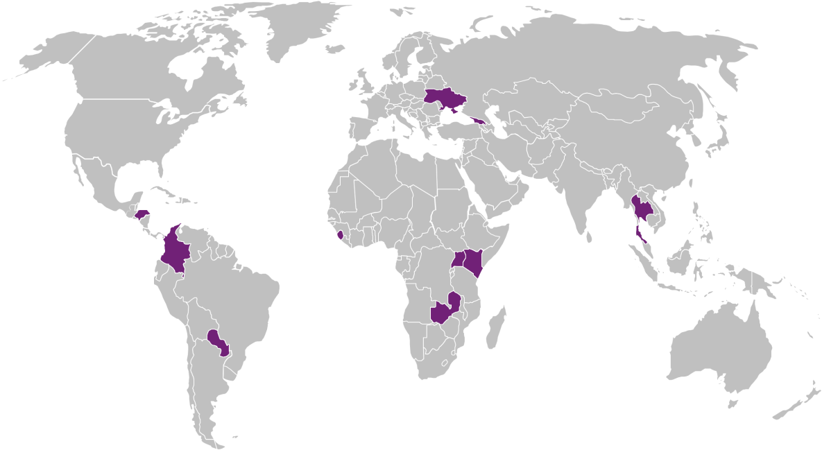 worldmaplarge.png World map with ten countries highlighted (Honduras, Colombia, Paraguay, Sierra Leone, Uganda, Kenya, Zambia, Thailand, Ukraine, and Georgia).