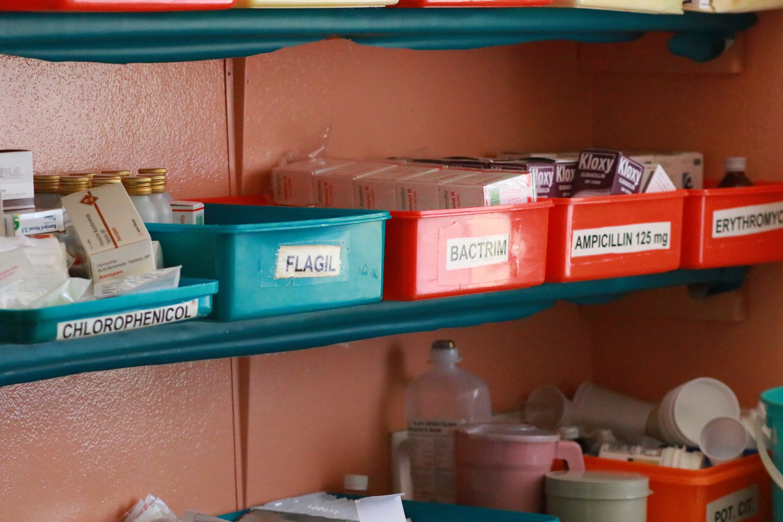 Success story Eswatini TB Bins of medications in a TB clinic in Eswatini