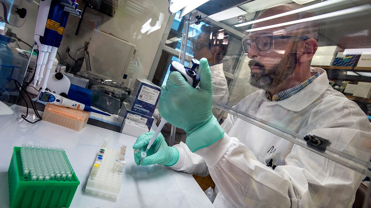 Laboratory testing for different types of polio A man wearing a white coat, goggles, and gloves uses a pipette to transfer liquid into a test tube.