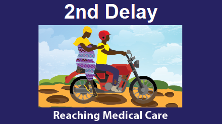 — title missing — Second delay: Reaching medical care. A pregnant woman on motorcycle taxi driving on dirt road full of potholes.
