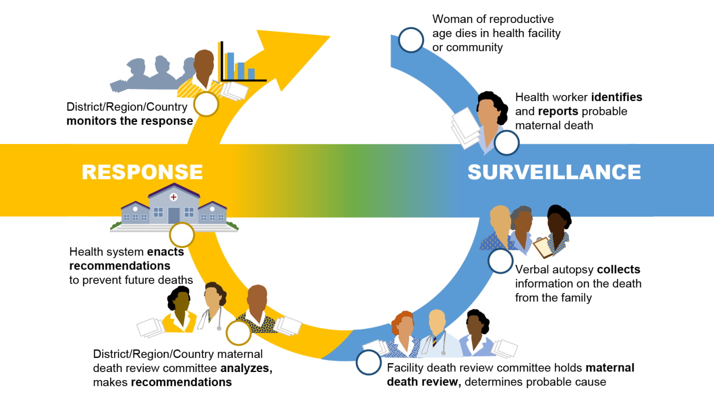 MDSR The Maternal Death Surveillance and Response cycle is shown as a circle that starts blue (surveillance actions) and progresses to yellow (response actions). The MDSR cycle begins with an individual maternal death and progresses through steps of reporting (image of an individual health facility staff member and report forms) and collecting information on the death (image of 3 staff members and clipboard). The cycle continues with committees reviewing information on maternal deaths and making recommendations to prevent maternal deaths (images of committees of 3 health staff and of a building representing the health system), up to the national level where all deaths and recommendations are tracked (image of a health information staff member and a bar chart).
