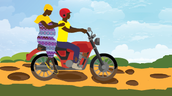 — title missing — pregnant woman and a man riding motorcycle on dirt road