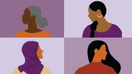 — title missing — image contains four purple blocks with a woman depicted in each