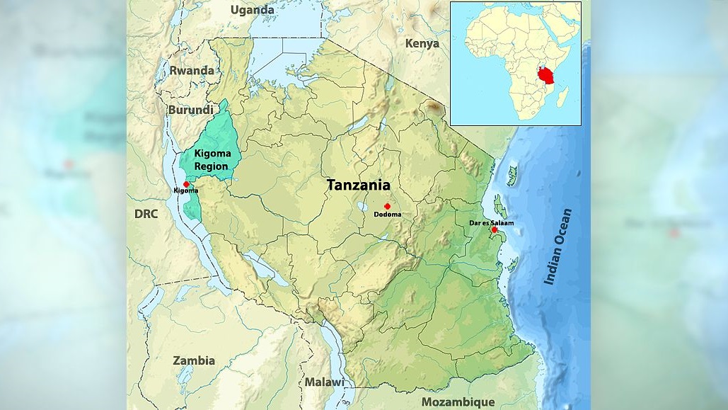 -- title missing -- map of Tanzania in East Africa with Kigoma Region highlighted in the country's north west area.
