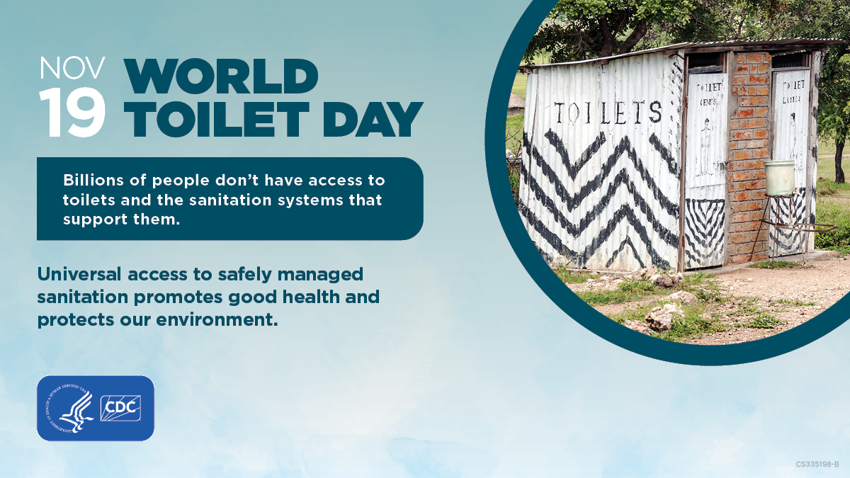 World-Toilet-Day-Photo Graphic of latrine painted Toilets and text Nov 19 World Toilet Day Billions of people don’t have access to toilets and the sanitation systems that support them. Universal access to safely managed sanitation promotes good health and protects our environment.
