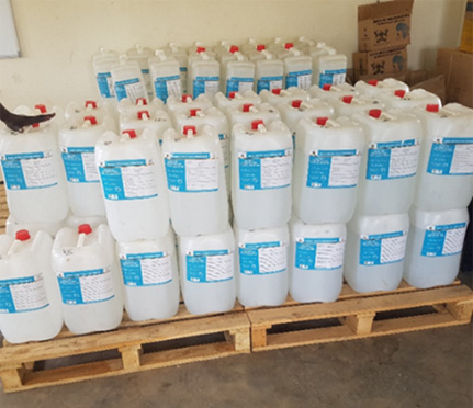 Uganda Ebola ABHR Batches Batches of quality controlled ABHR ready for dispatch to affected districts. Photo credit: IDI