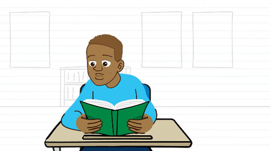 HU graphic boy at desk Animated Black boy at desk reading a book