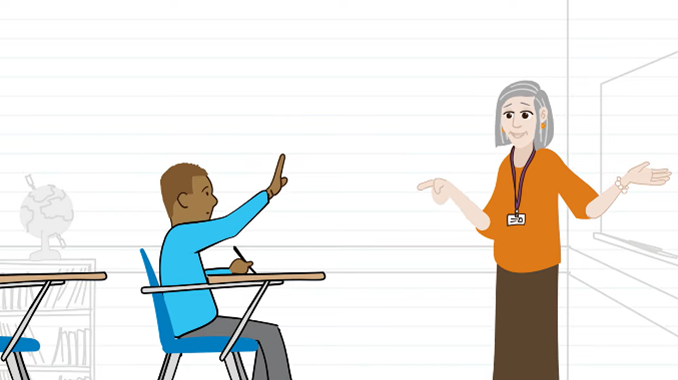 HU graphic kid in school Animated child at school raising his hand and teacher calling on him
