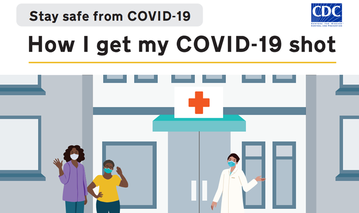 Stay Safe from COVID 19 Page from Stay Safe from COVID-19 showing mother taking daughter for COVID-19 vaccine