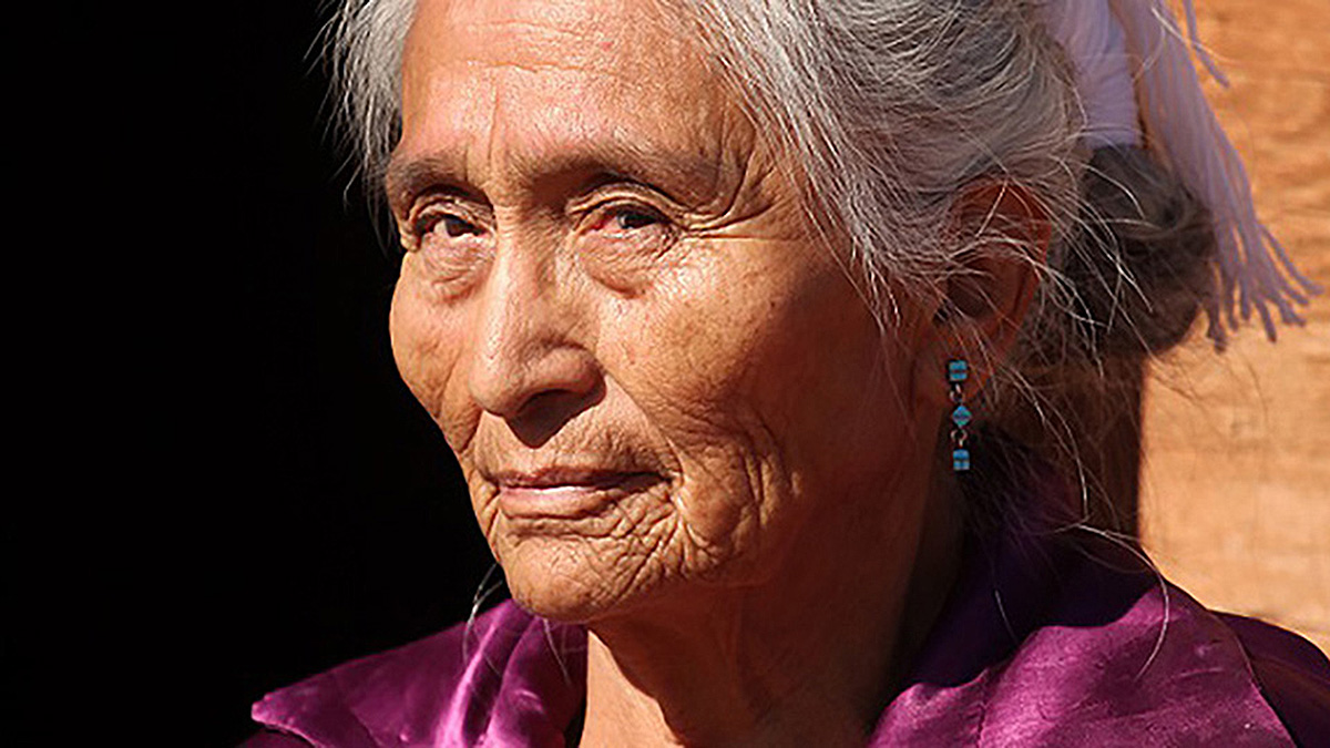 Healthy Tribes Older Woman Close up of an older, American Indian woman with gray hair.