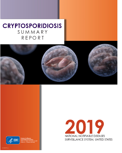 Crypto 2019 Report Cover Cover for 2019 Crypto report of purple, white, and orange blocks with microscopic images of Cryptosporidium