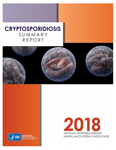 Crypto 2018 Report Cover Cover for 2018 Crypto report of purple, white, and orange blocks with microscopic images of Cryptosporidium