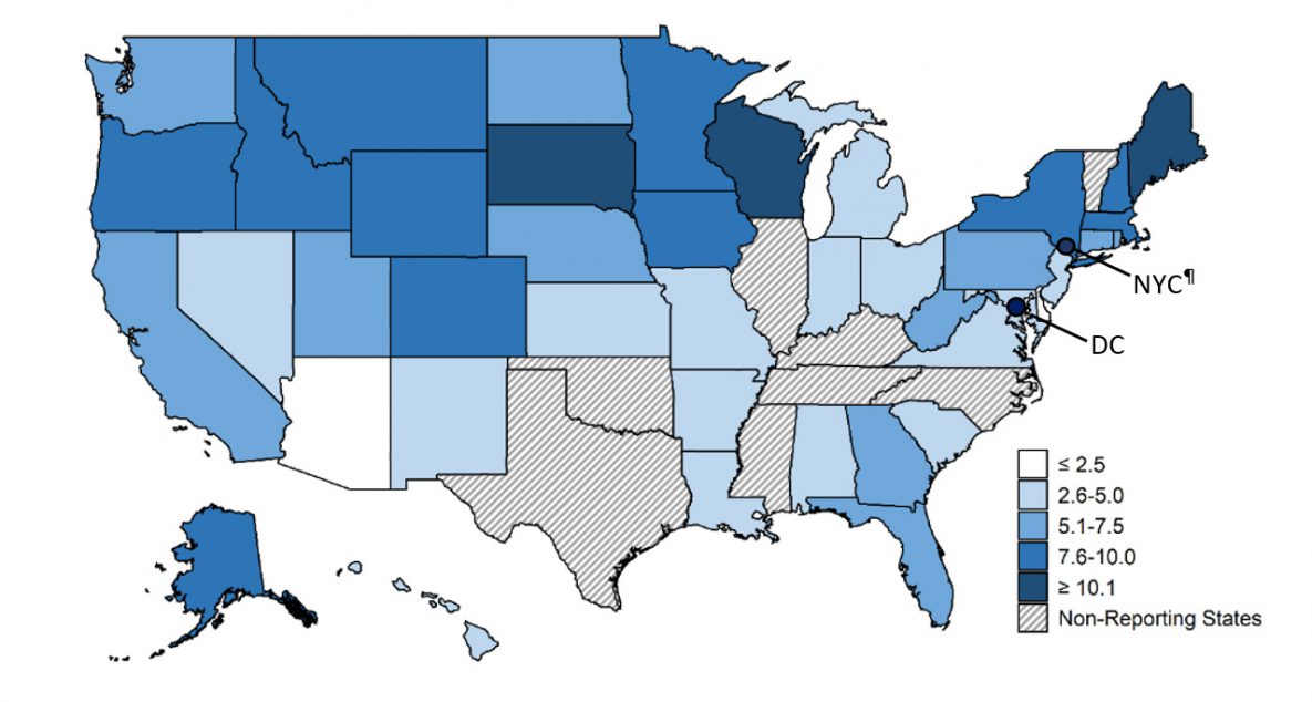 — title missing — US Map of incidence with states ranging in white, stripes, and shades of blue