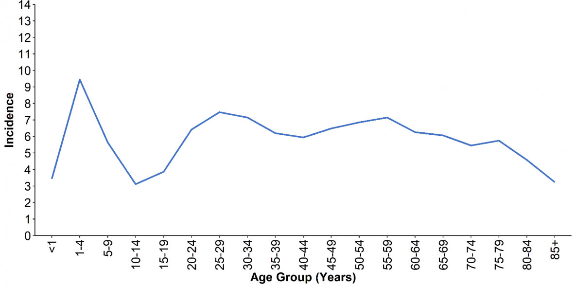 — title missing — Blue line graph of incidence