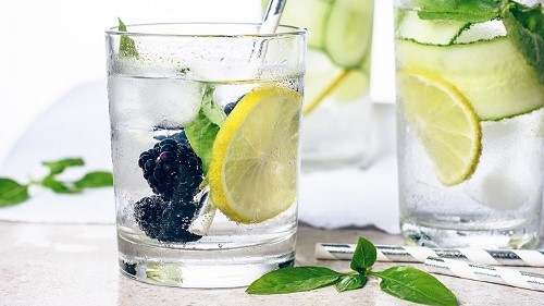 — title missing — Glasses of water with lemon, cucumber, basil, and blackberry.