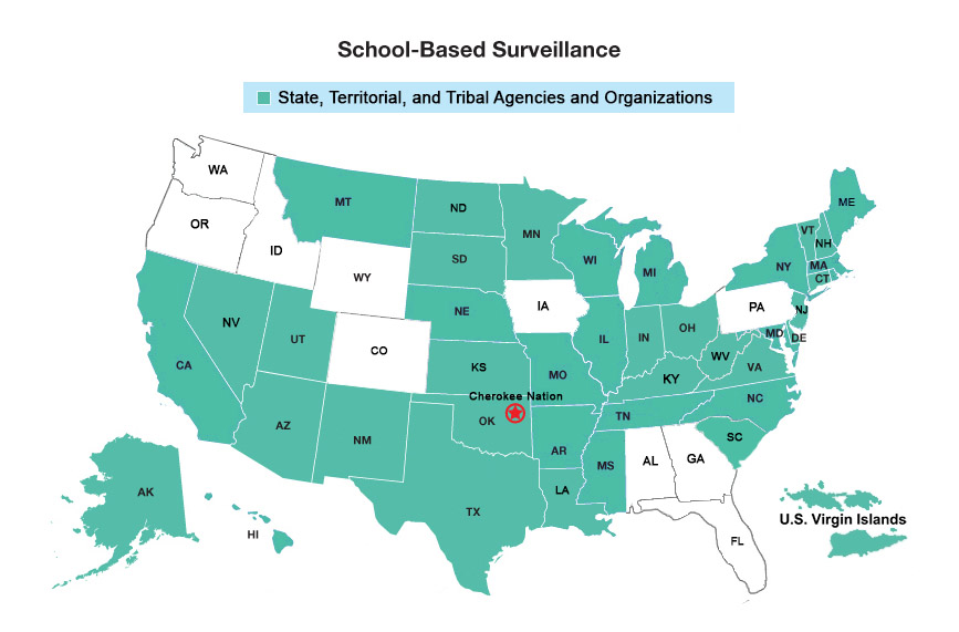 Funded state Map showing locations of U.S. school-based surveillance on youth risk behaviors and school health policies and practices.