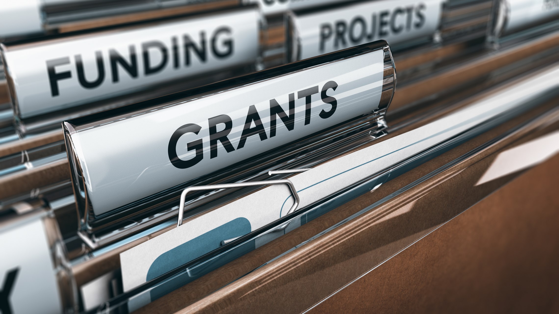 Grants-Funding Files in a drawer labeled funding, projects, and grants.