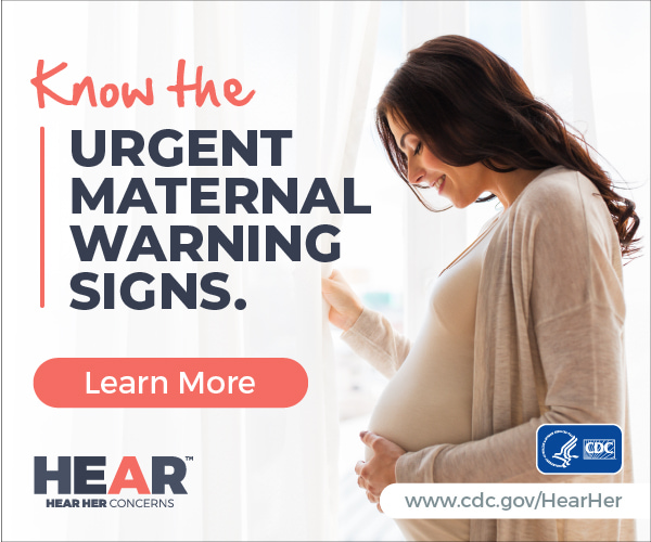 English-300x250-coral Image of woman with text overlay of know the urgent maternal warning signs.