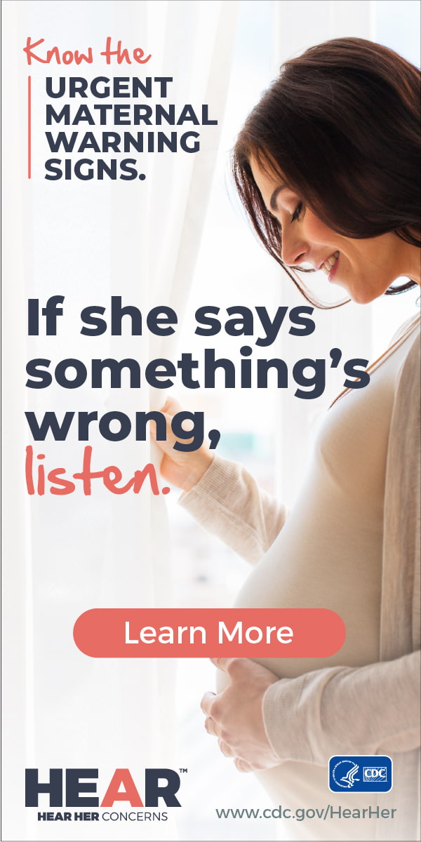 English-300x600-coral Image of women with text overlay of if she says something is wrong, listen.