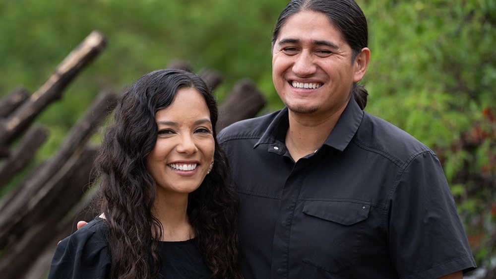— title missing — A smiling Native American couple dressed in black shirts.