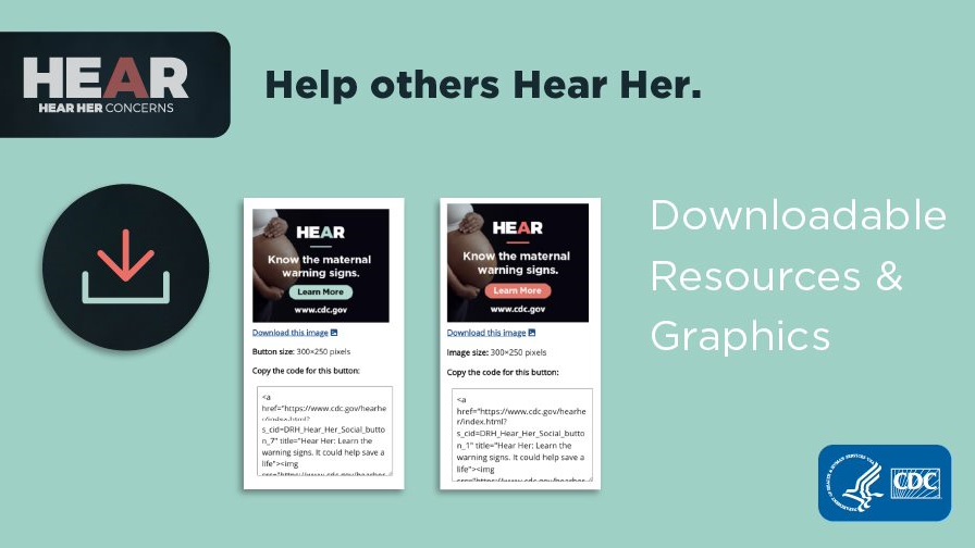 Download graphics Hear Her graphics and text, "Help others Hear Her. Downloadable Resources and Graphics."