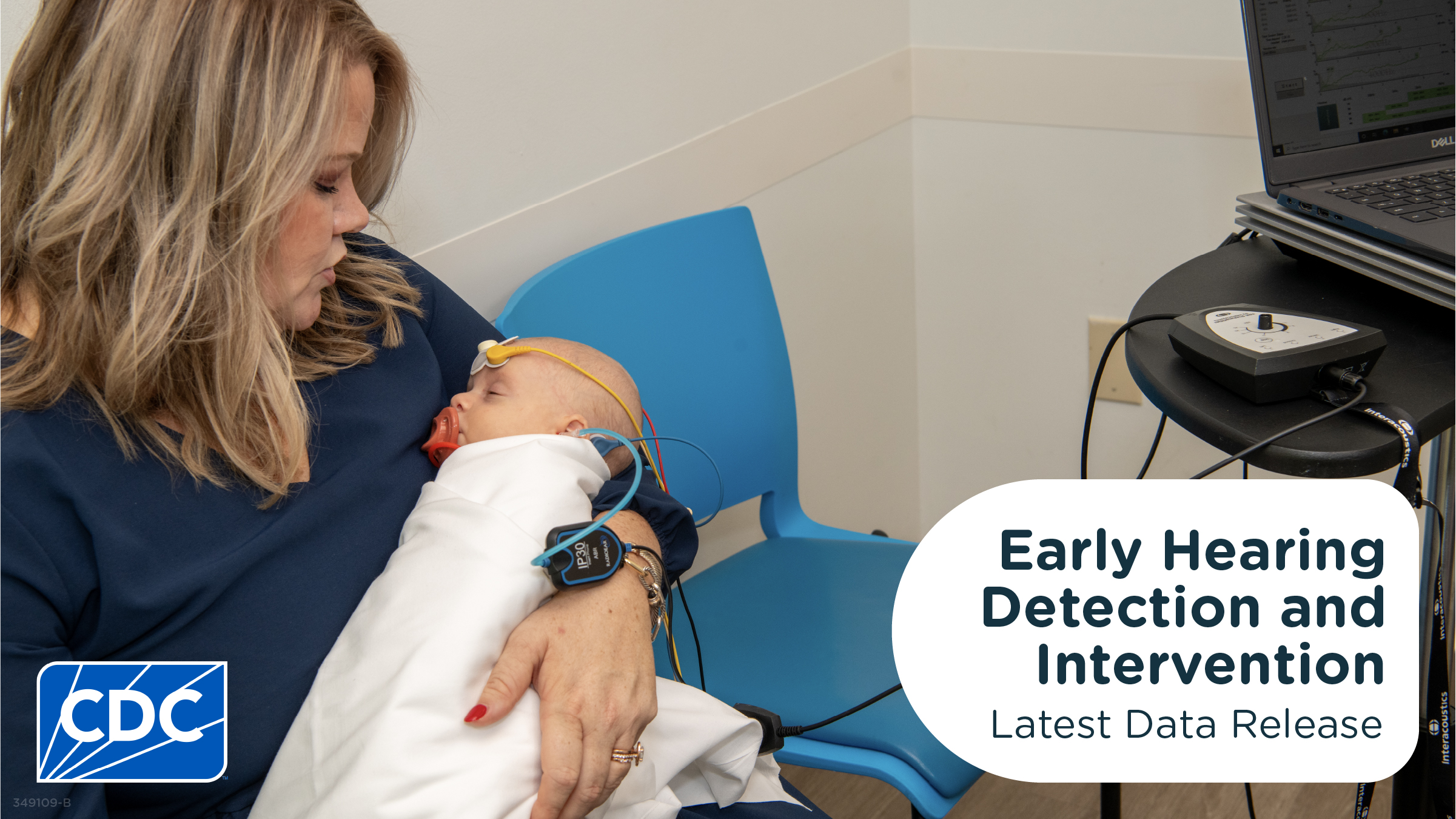 Baby has hearing tested while being held in their parent’s arms. Text reads, “Early Hearing Detection and Intervention Latest Data Release”