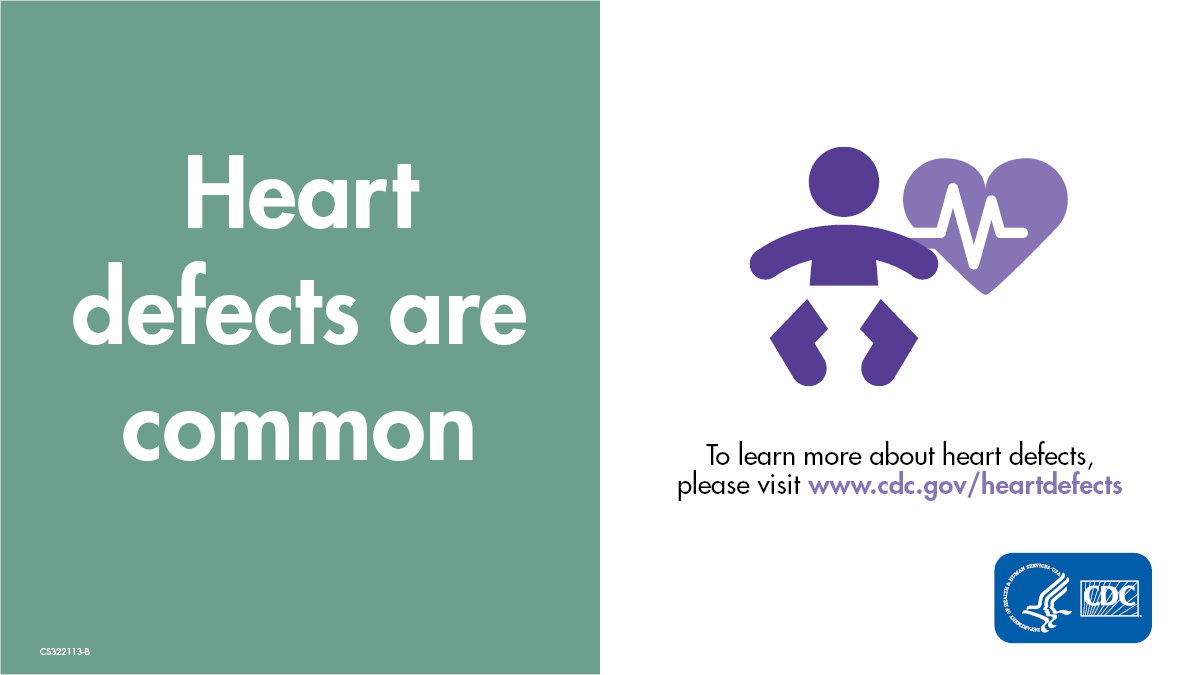 CHD-SM1 Text on the left: "Heart defects are common" and a baby icon on the right