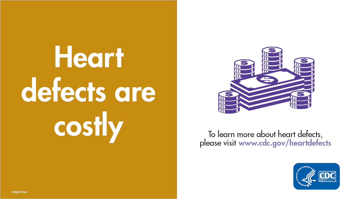 CHD-SM3 Text on the left: "Heart defects are costly" and a money icon on the right