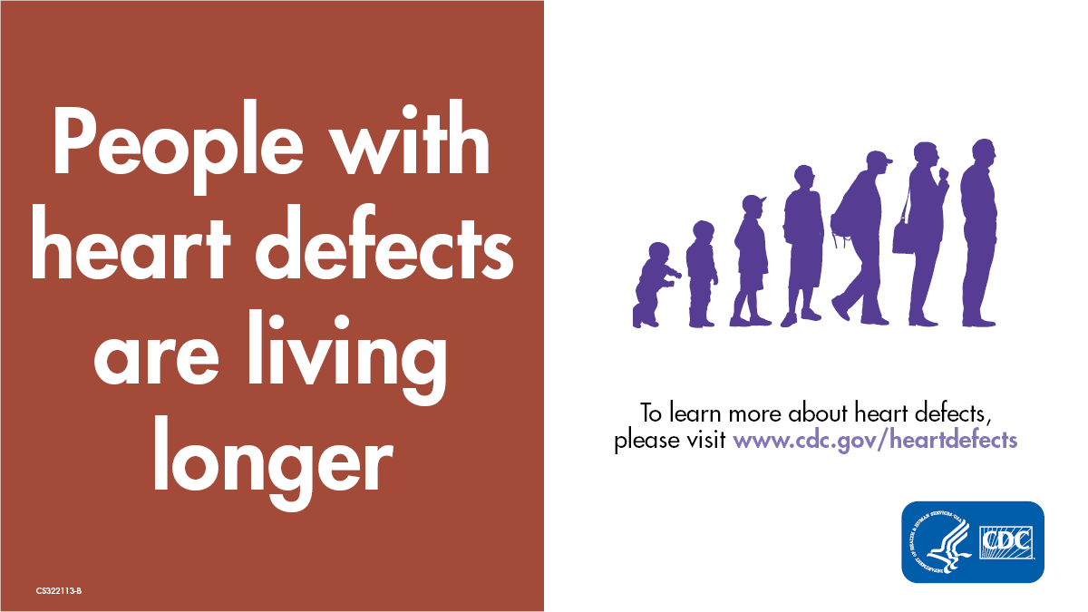 CHD-SM4 Text on the left: "People with heart defects are living longer" and an icon showing people growing older on the right