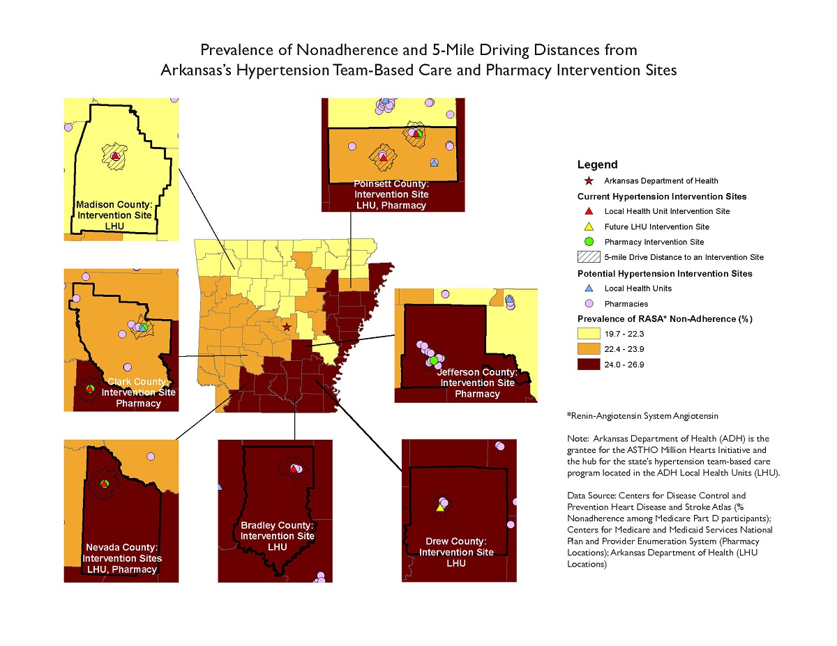 AR_htn_nonadherence This map shows pockets of high rates of blood pressure renin-angiotensin system antagonist medication nonadherence located in the southeastern and eastern portion of the state. A series of inset maps show a close-up view of pharmacy and local health unit locations within select regions of the state.